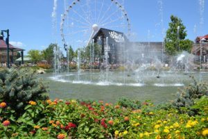 Fountains with beautiful flowers at The Island in Pigeon Forge